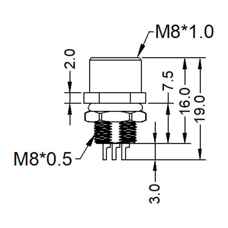 M8 4pins A code female straight rear panel mount connector, unshielded, solder